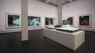 In einem Ausstellungsraum hängen fünf Fotografien an der Wand. Auf zweien eine junge Frau im weißen Mantel, die tot daliegt. In der Mitte des Bildes ein weißer Tisch mit Exponaten.